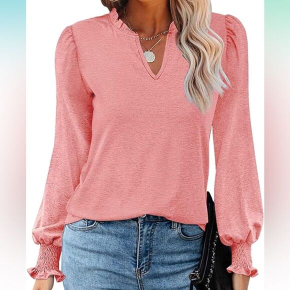 Rooscier Women’s V Neck Shirred Long Sleeve Frill Ruched Tee Blouse Top - New - Picture 1 of 6